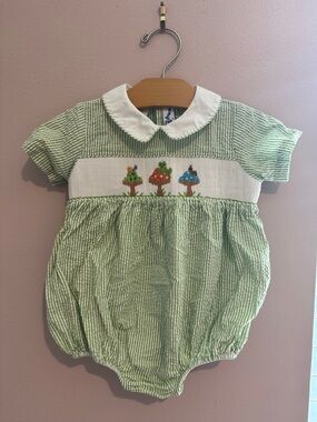 Silly Goose Green Striped Smocked Baby Romper with Peter Pan Collar